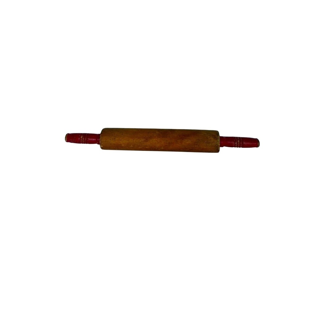 Vintage Wood‎ Rolling Pin Red Handles Farmhouse Primitive Kitchen Baking Tool